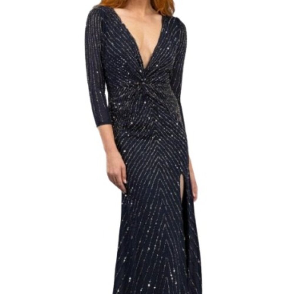 Terani Couture Navy Beaded Long Sleeve Evening Gown